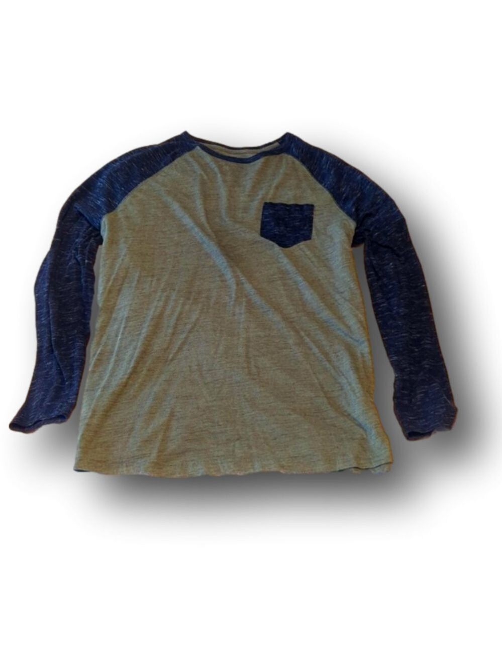 Heathered olive green and charcoal gray long sleeve reglan t-shirt